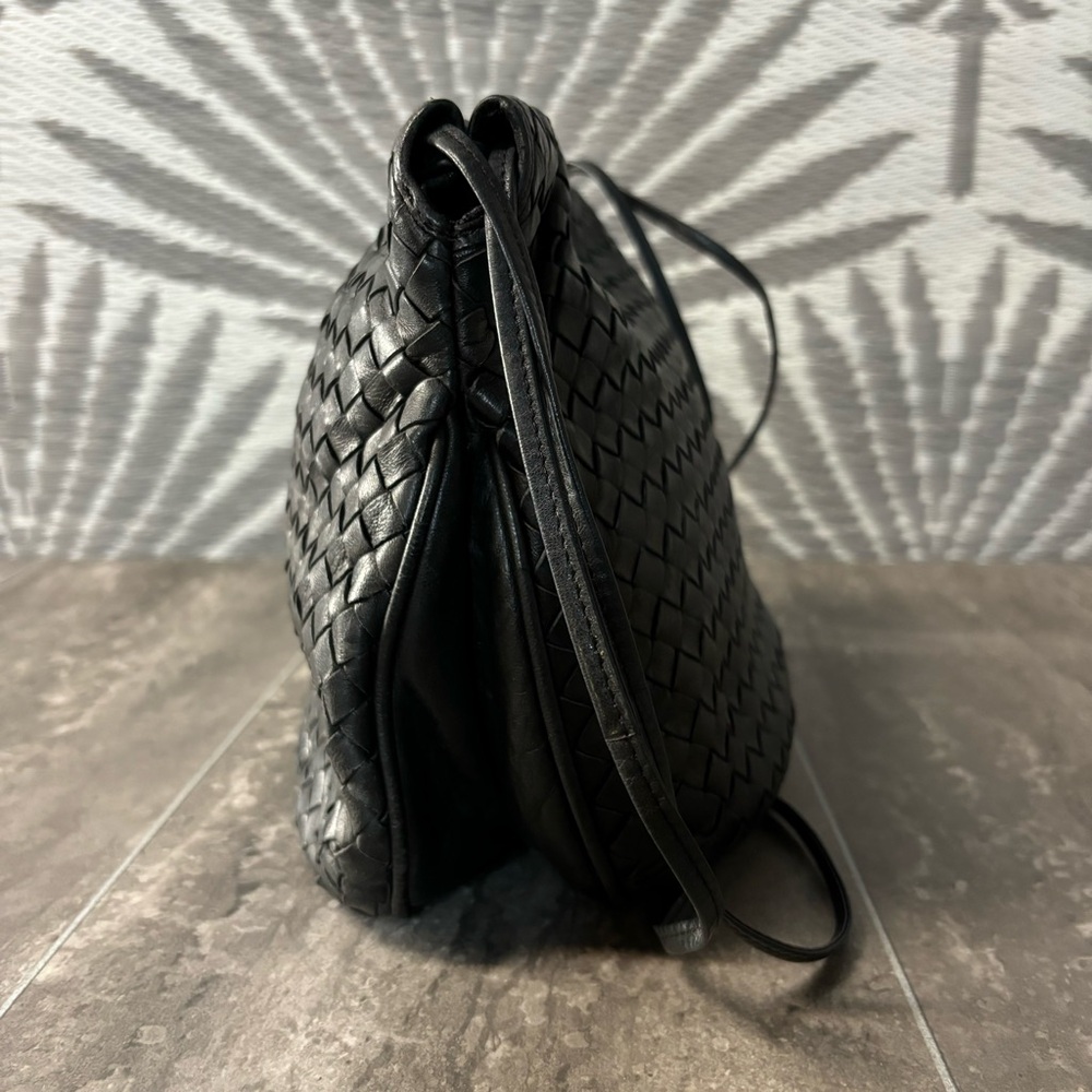 Vtg Bottega Veneta Intrecciato Drawstring Pouch Bag Blk Woven Leather Italy - Picture 7 of 16